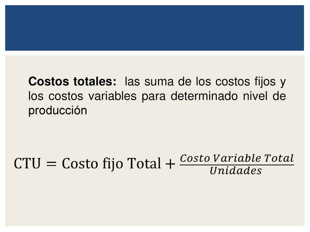 Costos totales: las suma de los costos fijos y los costos variables para determinado nivel de producción