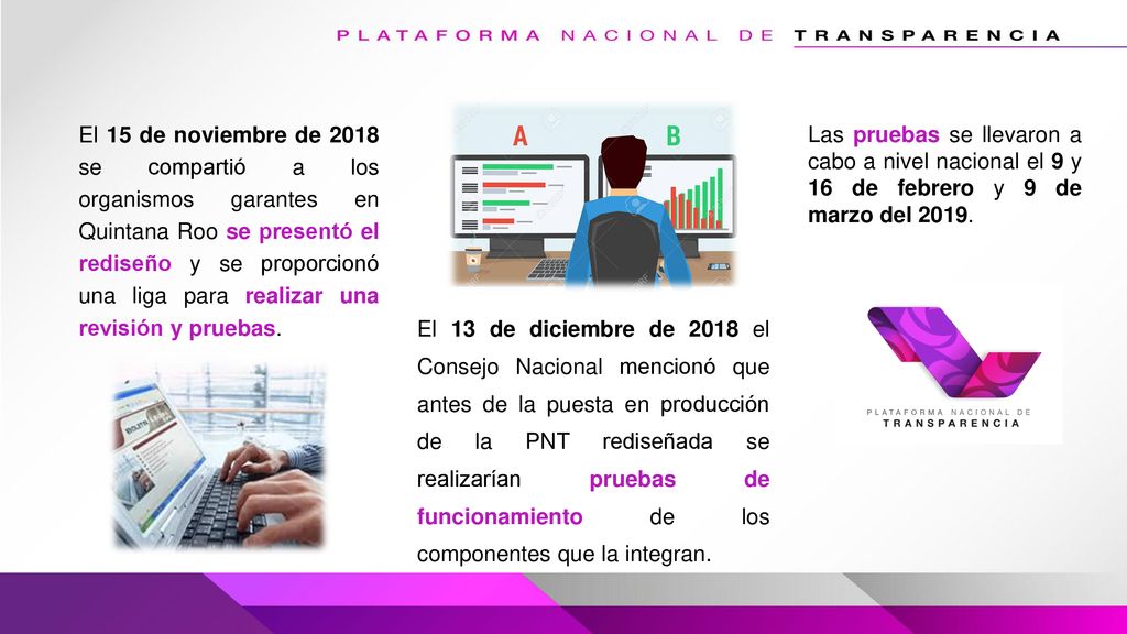El 15 de noviembre de 2018 se compartió a los organismos garantes en Quintana Roo se presentó el rediseño y se proporcionó una liga para realizar una revisión y pruebas.