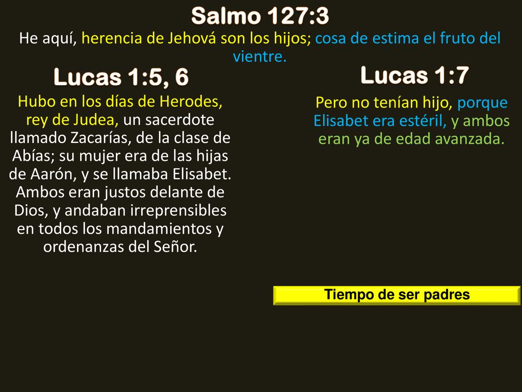 Salmo 127:3 He aquí, herencia de Jehová son los hijos; cosa de estima el fruto del vientre. Lucas 1:5, 6.