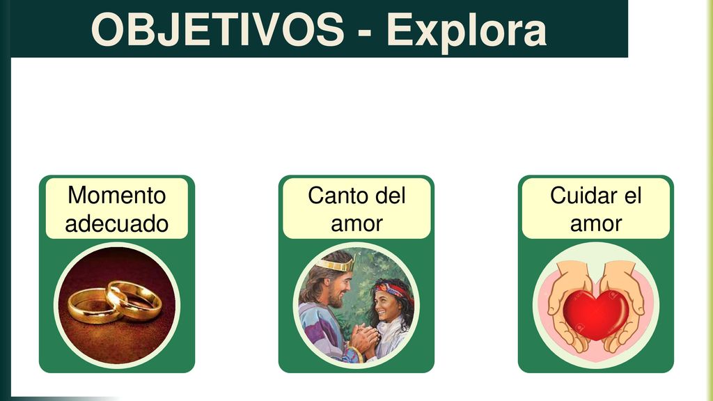 OBJETIVOS - Explora Momento adecuado Canto del amor Cuidar el amor