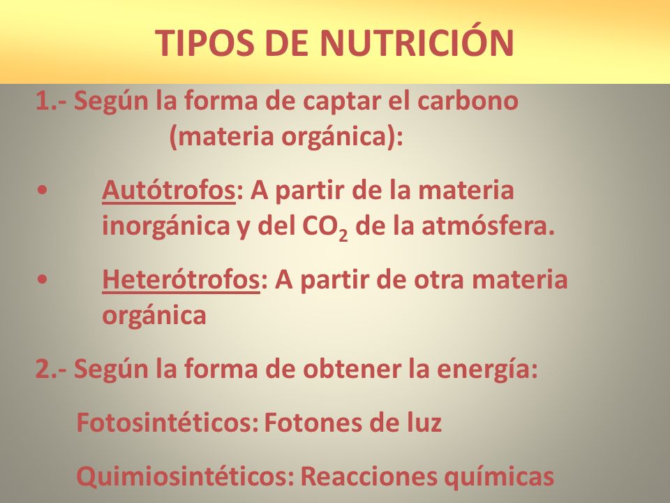 TIPOS DE NUTRICIÓN 1.- Según la forma de captar el carbono (materia orgánica):