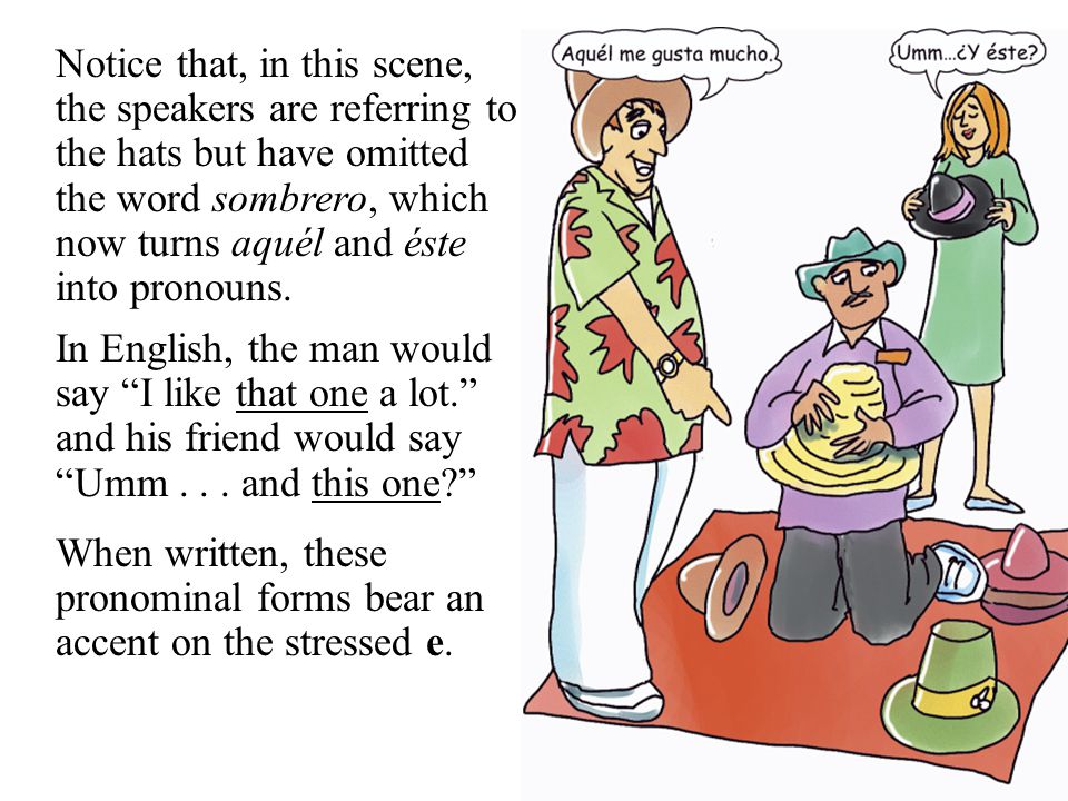 Notice that, in this scene, the speakers are referring to the hats but have omitted the word sombrero, which now turns aquél and éste into pronouns.