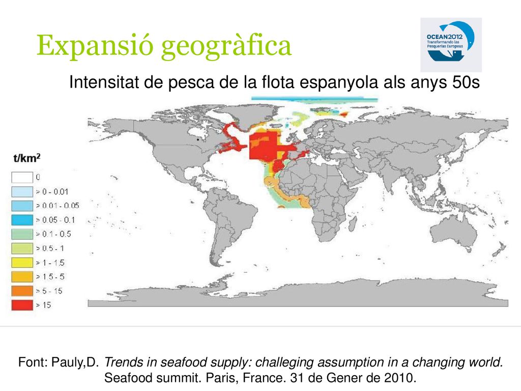 Expansió geogràfica Intensitat de pesca de la flota espanyola als anys 50s.