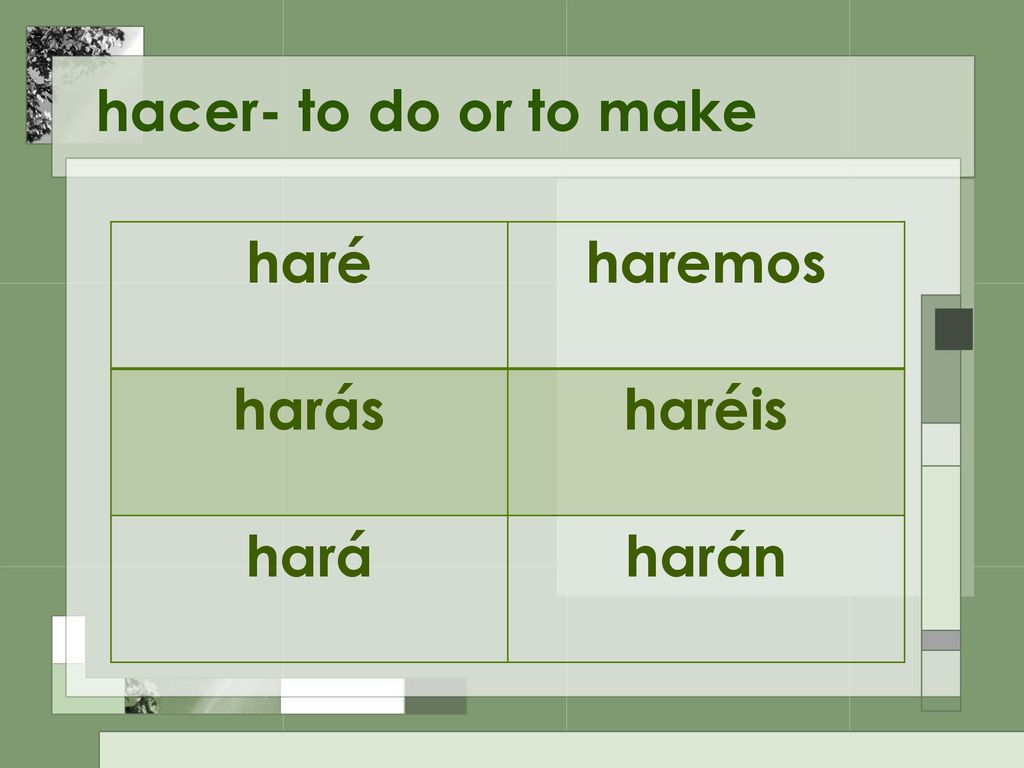 hacer- to do or to make haré haremos harás haréis hará harán
