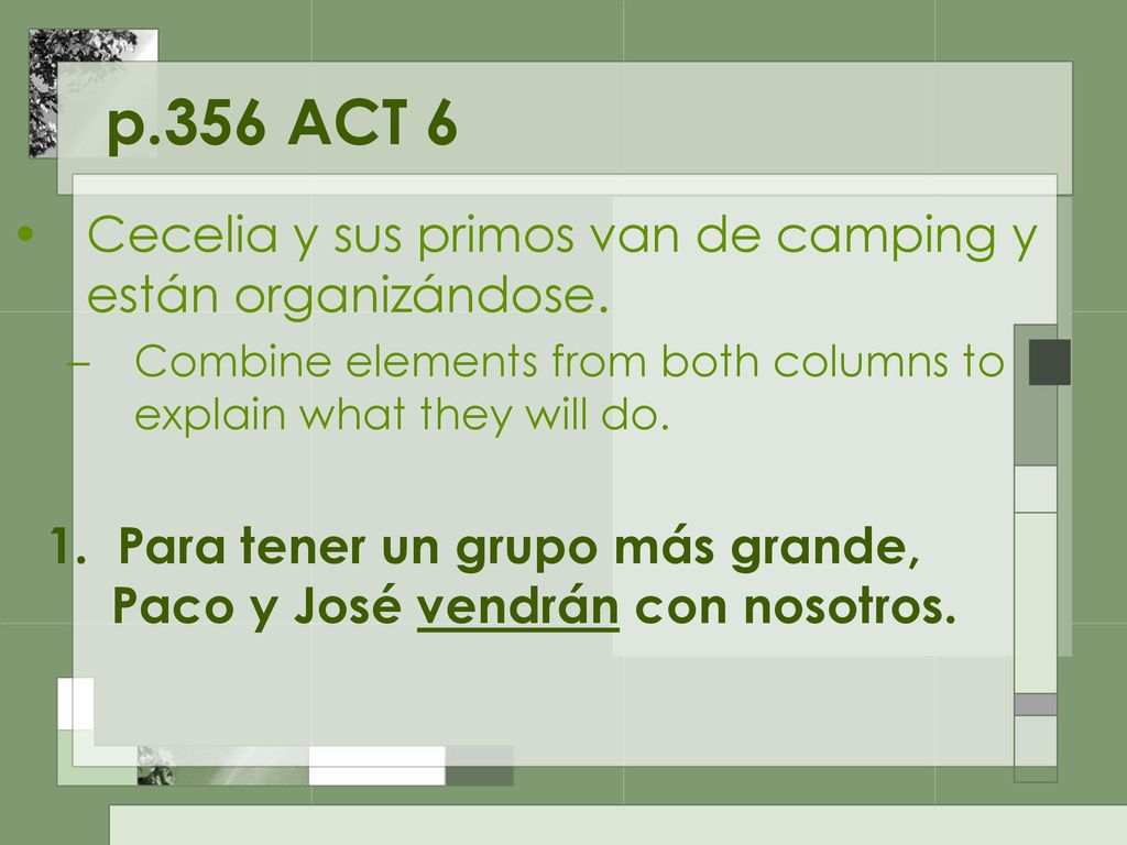 p.356 ACT 6 Cecelia y sus primos van de camping y están organizándose.