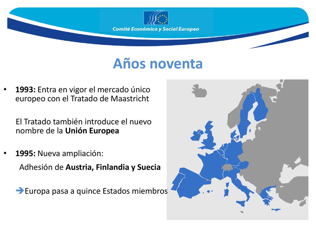 Años noventa 1993: Entra en vigor el mercado único europeo con el Tratado de Maastricht.