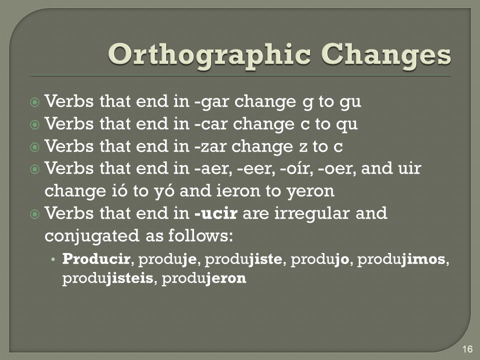 Orthographic Changes Verbs that end in -gar change g to gu