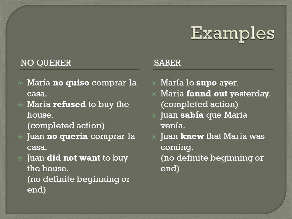 Examples No querer Saber María no quiso comprar la casa.