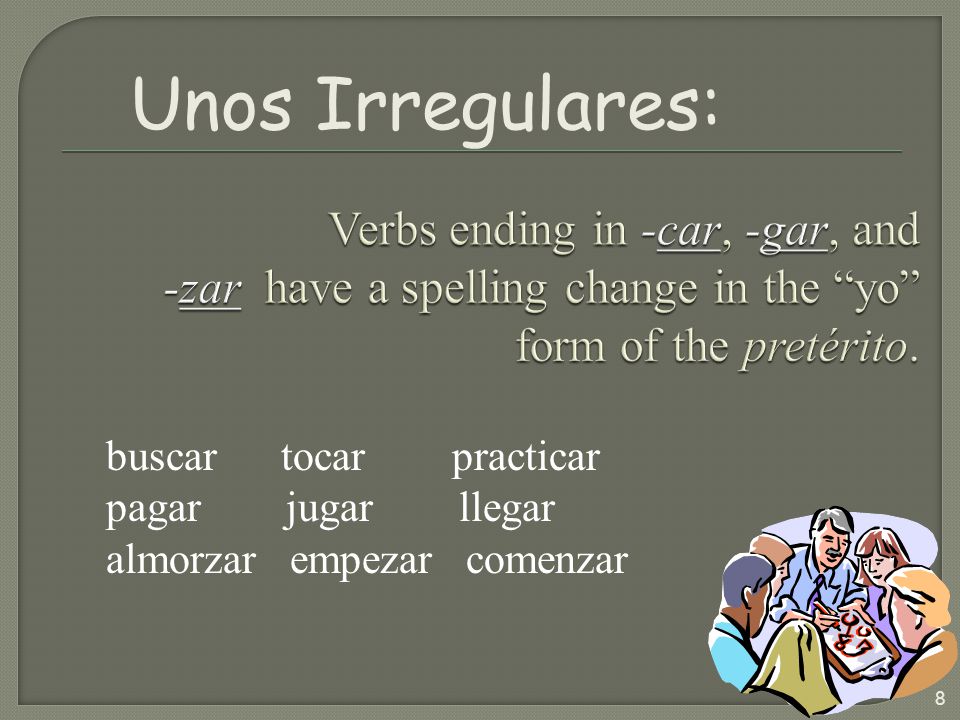 Unos Irregulares: Verbs ending in -car, -gar, and -zar have a spelling change in the yo form of the pretérito.