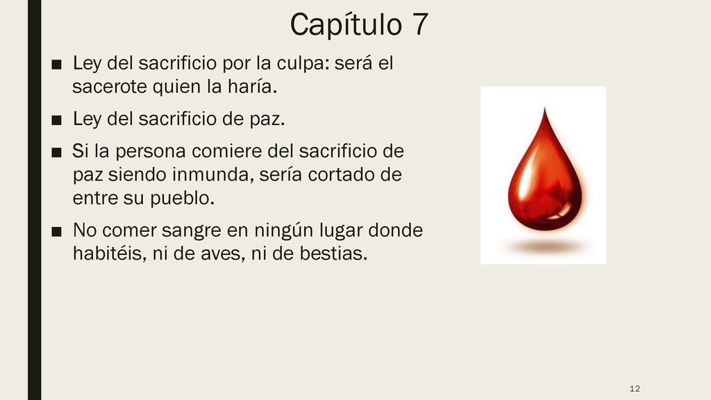 Capítulo 7 Ley del sacrificio por la culpa: será el sacerote quien la haría. Ley del sacrificio de paz.
