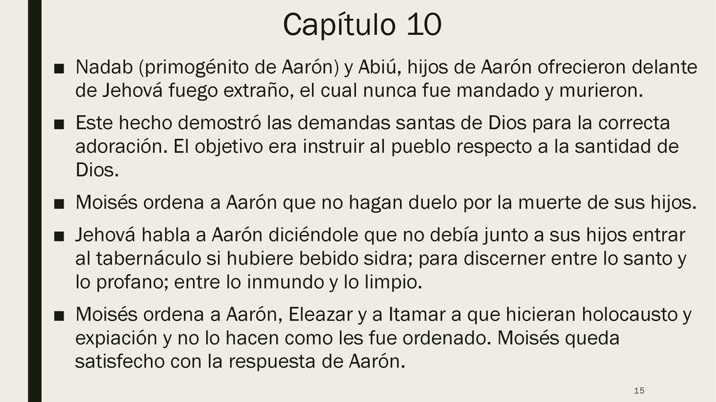Capítulo 10 Nadab (primogénito de Aarón) y Abiú, hijos de Aarón ofrecieron delante de Jehová fuego extraño, el cual nunca fue mandado y murieron.