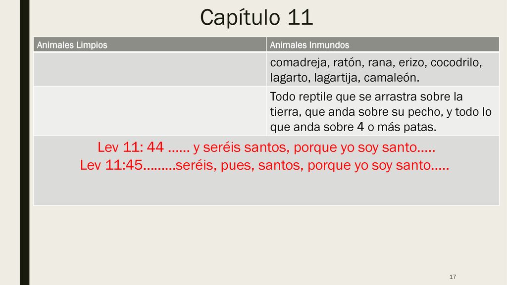 Capítulo 11 Lev 11: 44 …… y seréis santos, porque yo soy santo…..