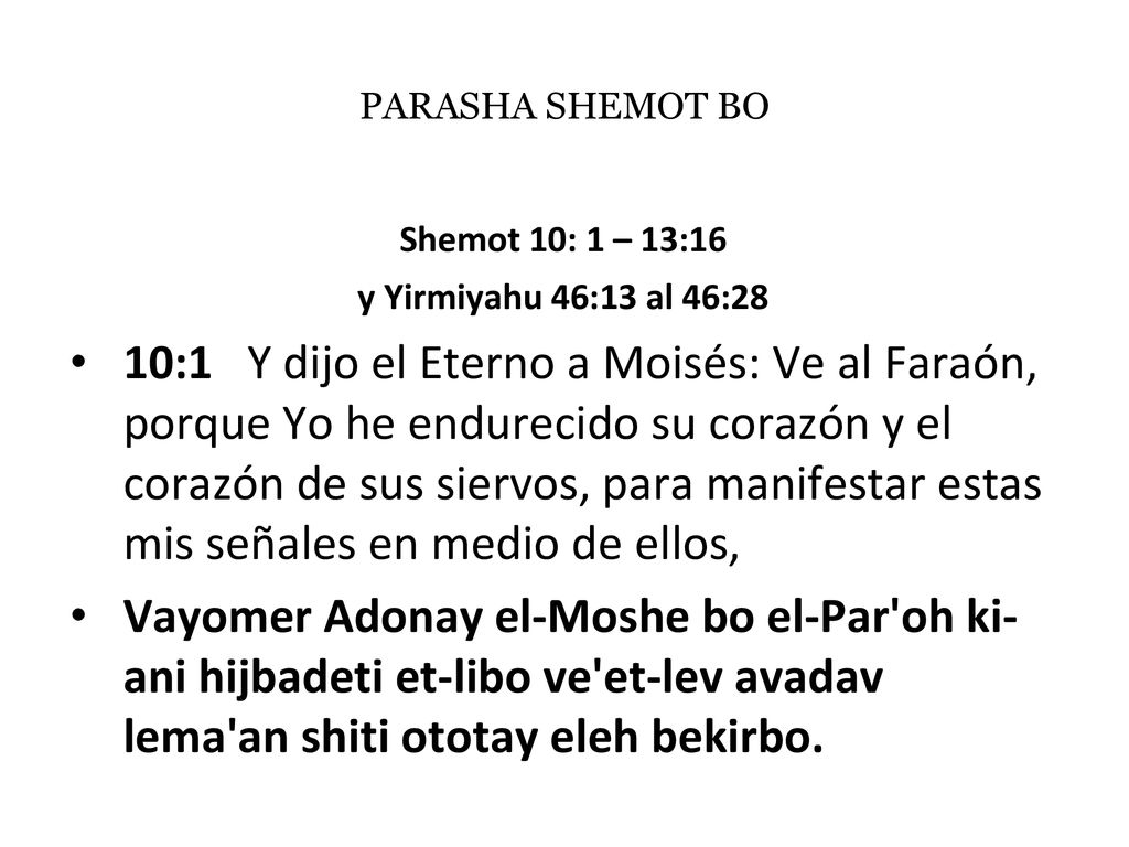 PARASHA SHEMOT BO Shemot 10: 1 – 13:16. y Yirmiyahu 46:13 al 46:28.