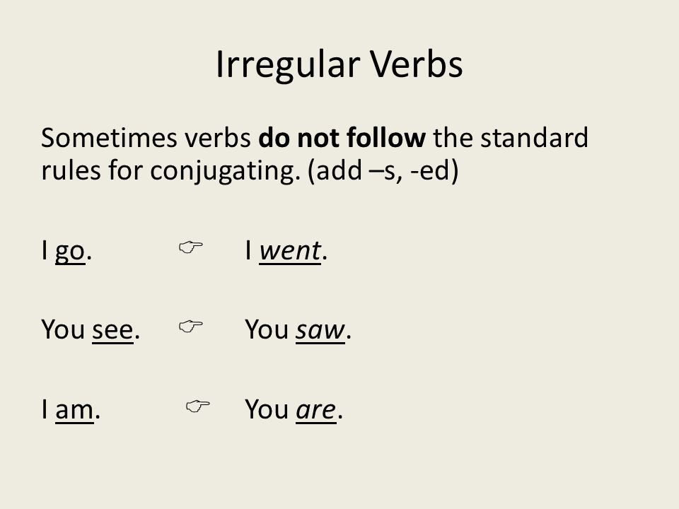 Irregular Verbs Sometimes verbs do not follow the standard rules for conjugating.