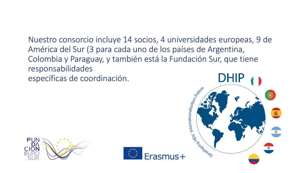 Nuestro consorcio incluye 14 socios, 4 universidades europeas, 9 de América del Sur (3 para cada uno de los países de Argentina, Colombia y Paraguay, y también está la Fundación Sur, que tiene responsabilidades específicas de coordinación.