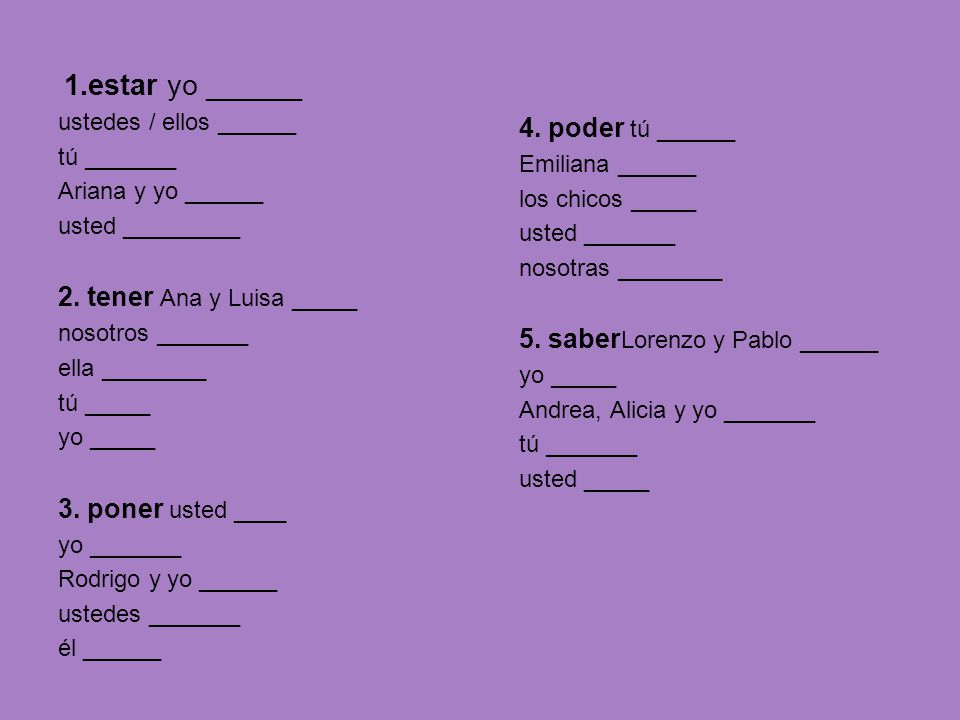 1.estar yo ______ 4. poder tú ______ 2. tener Ana y Luisa _____