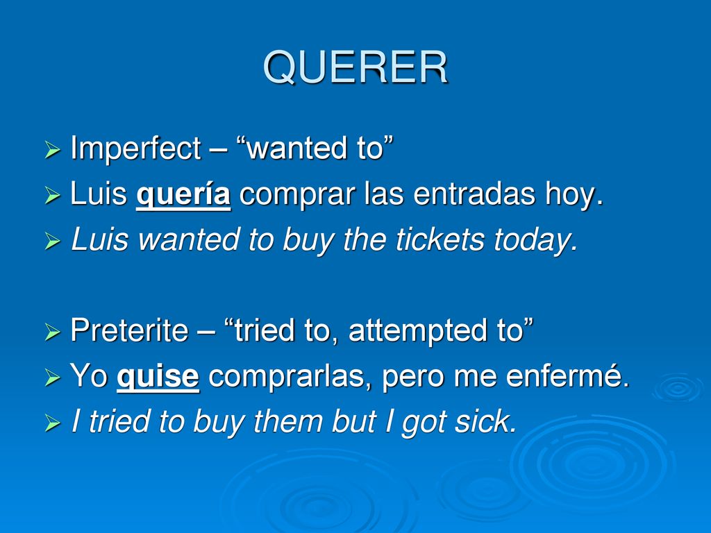 QUERER Imperfect – wanted to Luis quería comprar las entradas hoy.