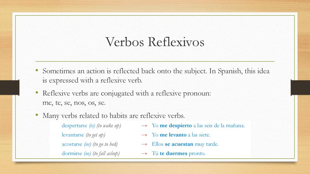 Verbos Reflexivos Sometimes an action is reflected back onto the subject. In Spanish, this idea is expressed with a reflexive verb.