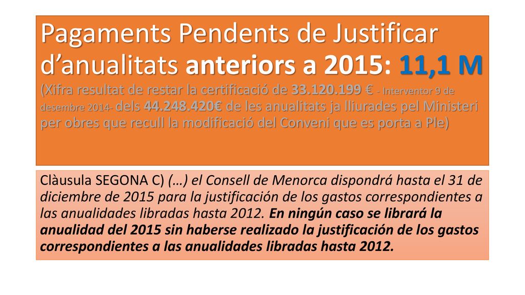 Pagaments Pendents de Justificar d’anualitats anteriors a 2015: 11,1 M (Xifra resultat de restar la certificació de € - Interventor 9 de desembre dels € de les anualitats ja lliurades pel Ministeri per obres que recull la modificació del Conveni que es porta a Ple)