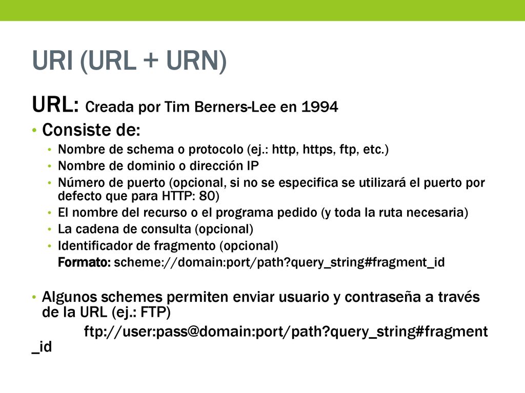 URI (URL + URN) URL: Creada por Tim Berners-Lee en 1994 Consiste de: