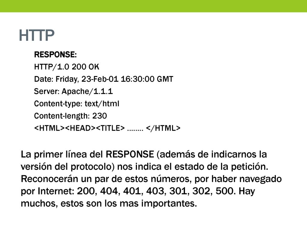 HTTP RESPONSE: HTTP/ OK. Date: Friday, 23-Feb-01 16:30:00 GMT. Server: Apache/ Content-type: text/html.