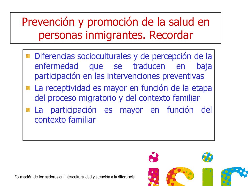 Prevención y promoción de la salud en personas inmigrantes. Recordar