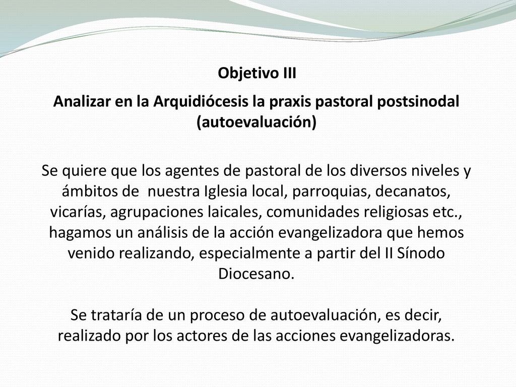 Objetivo III Analizar en la Arquidiócesis la praxis pastoral postsinodal (autoevaluación)