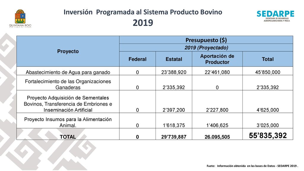 2019 Inversión Programada al Sistema Producto Bovino 55’835,392