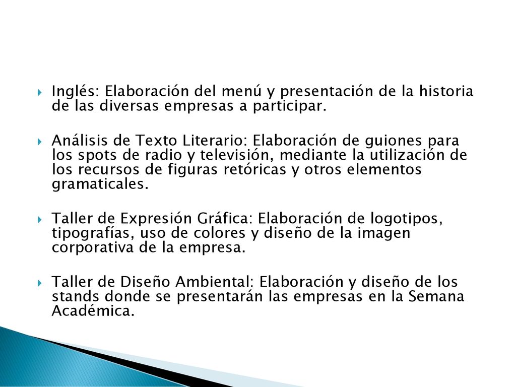 Inglés: Elaboración del menú y presentación de la historia de las diversas empresas a participar.