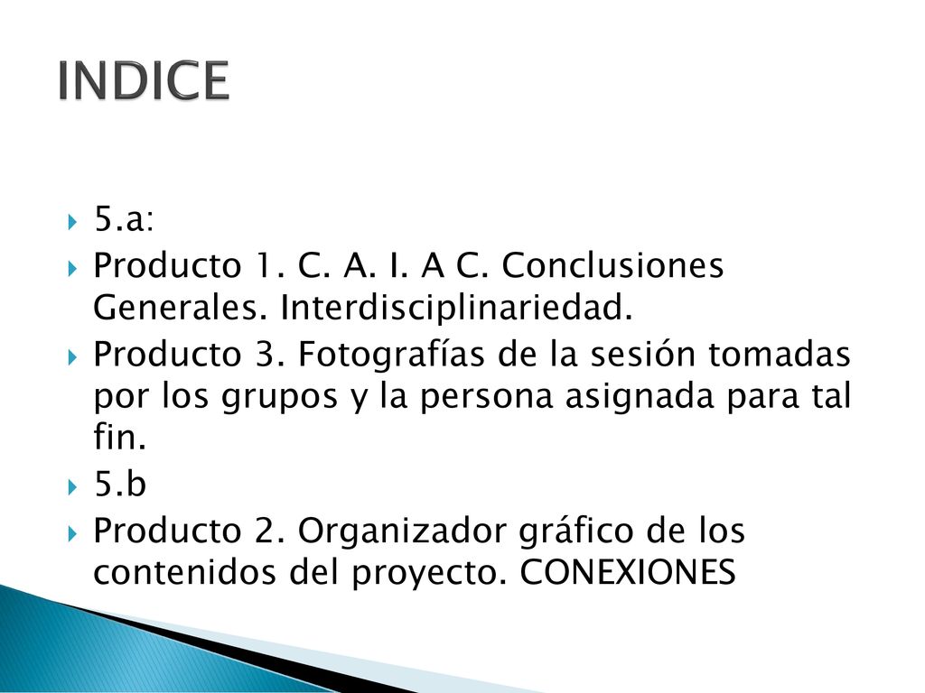 INDICE 5.a: Producto 1. C. A. I. A C. Conclusiones Generales. Interdisciplinariedad.