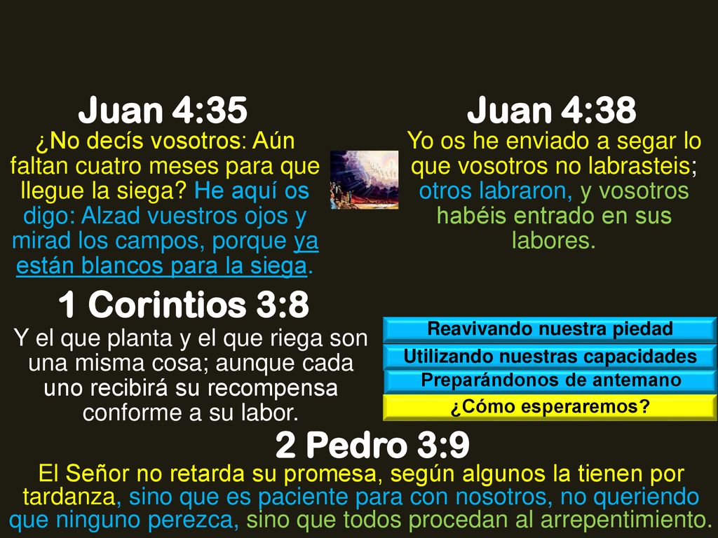Juan 4:35 Juan 4:38 1 Corintios 3:8 2 Pedro 3:9