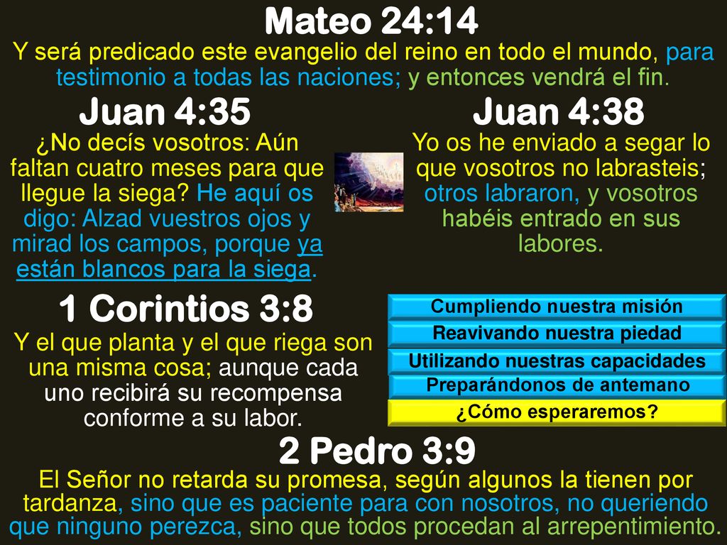 Mateo 24:14 Juan 4:35 Juan 4:38 1 Corintios 3:8 2 Pedro 3:9
