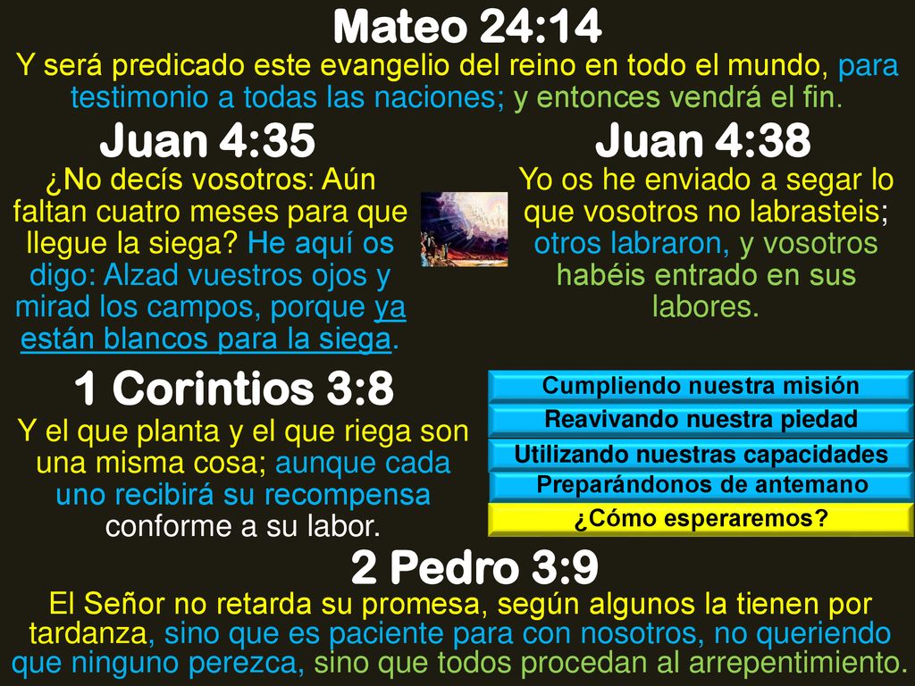Mateo 24:14 Juan 4:35 Juan 4:38 1 Corintios 3:8 2 Pedro 3:9