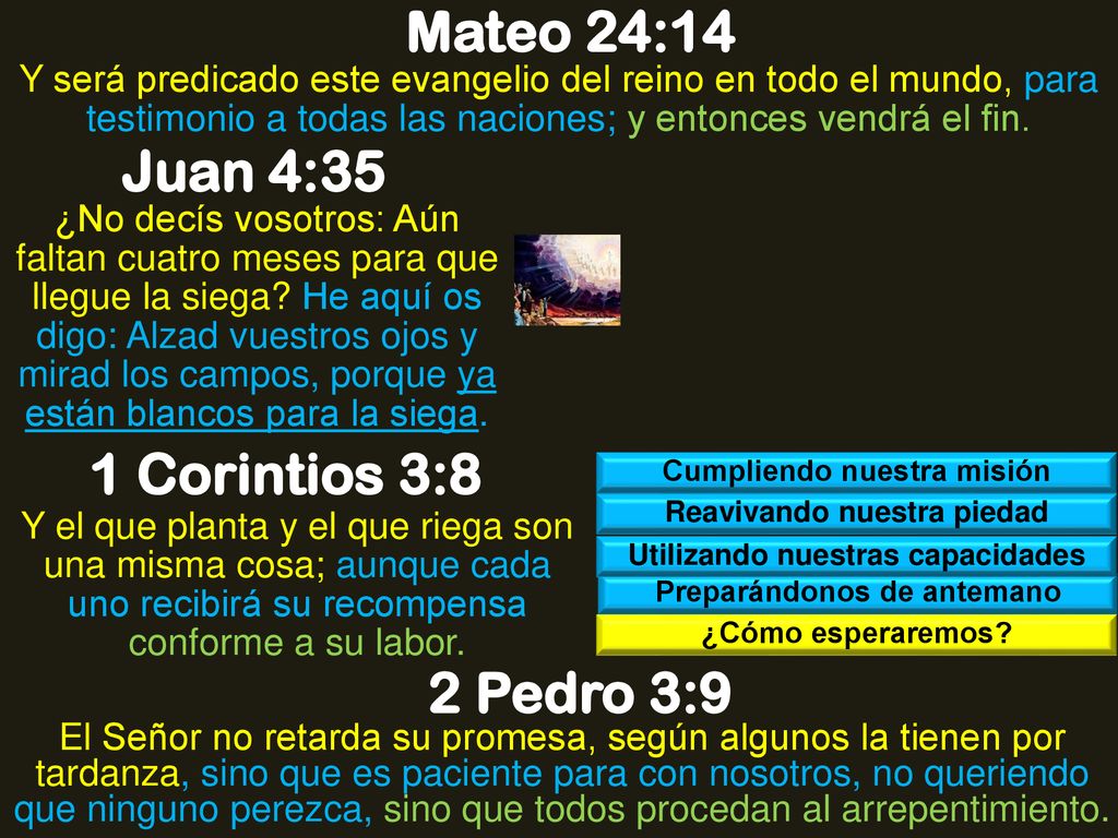 Mateo 24:14 Juan 4:35 1 Corintios 3:8 2 Pedro 3:9