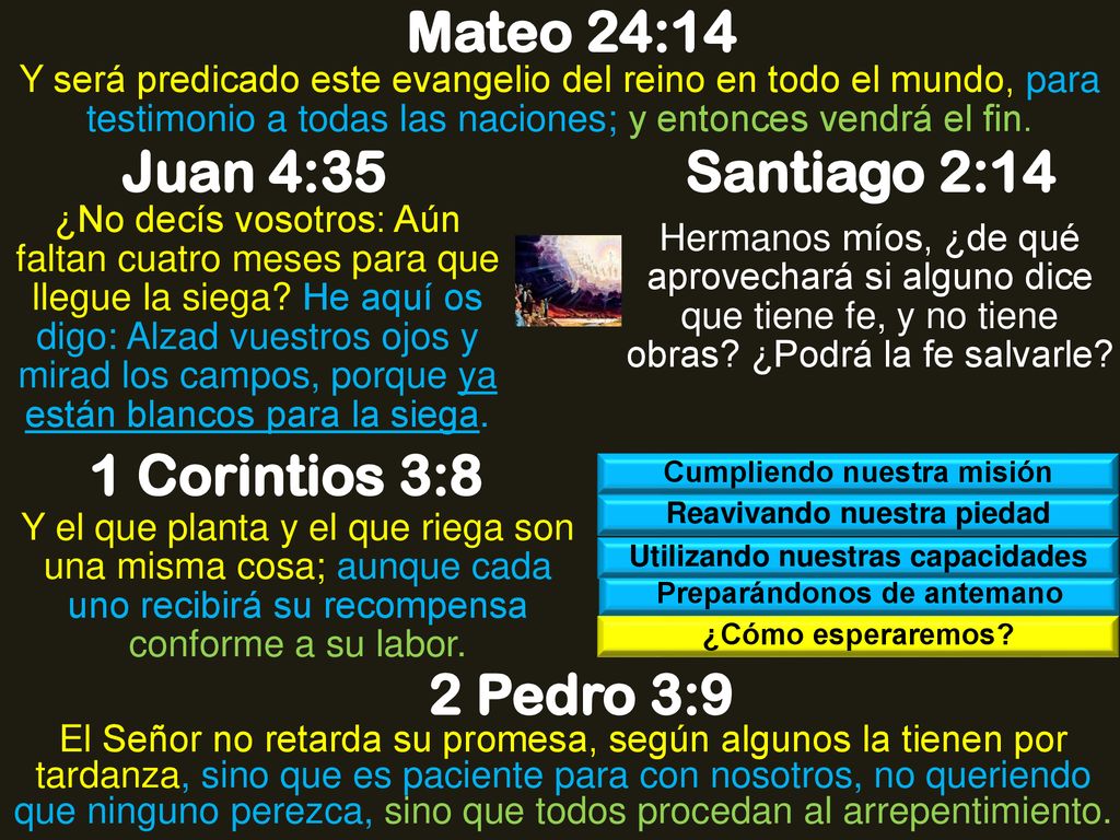 Mateo 24:14 Juan 4:35 Santiago 2:14 1 Corintios 3:8 2 Pedro 3:9