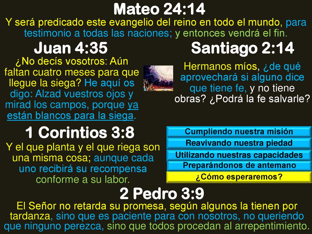 Mateo 24:14 Juan 4:35 Santiago 2:14 1 Corintios 3:8 2 Pedro 3:9
