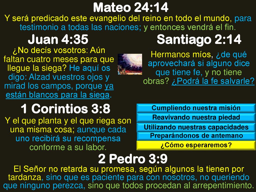 Mateo 24:14 Juan 4:35 Santiago 2:14 1 Corintios 3:8 2 Pedro 3:9