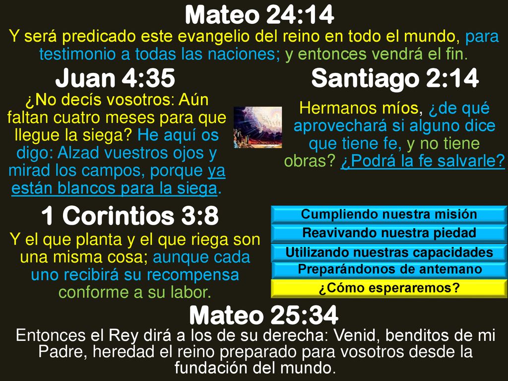 Mateo 24:14 Juan 4:35 Santiago 2:14 1 Corintios 3:8 Mateo 25:34