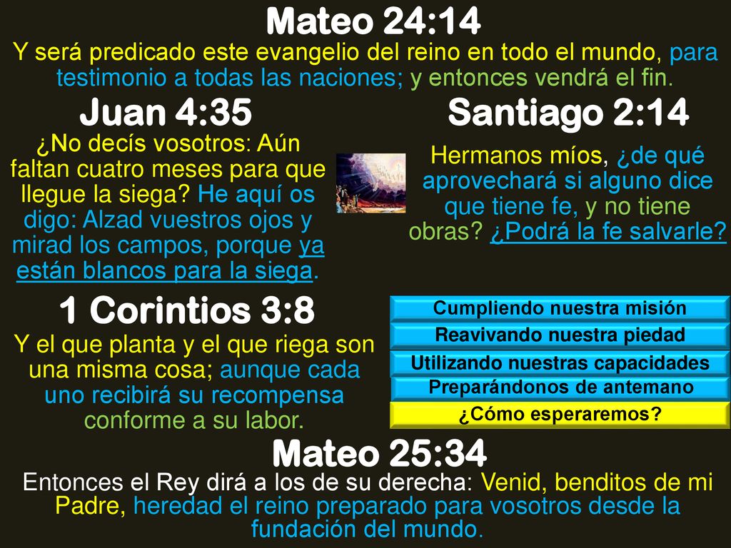 Mateo 24:14 Juan 4:35 Santiago 2:14 1 Corintios 3:8 Mateo 25:34