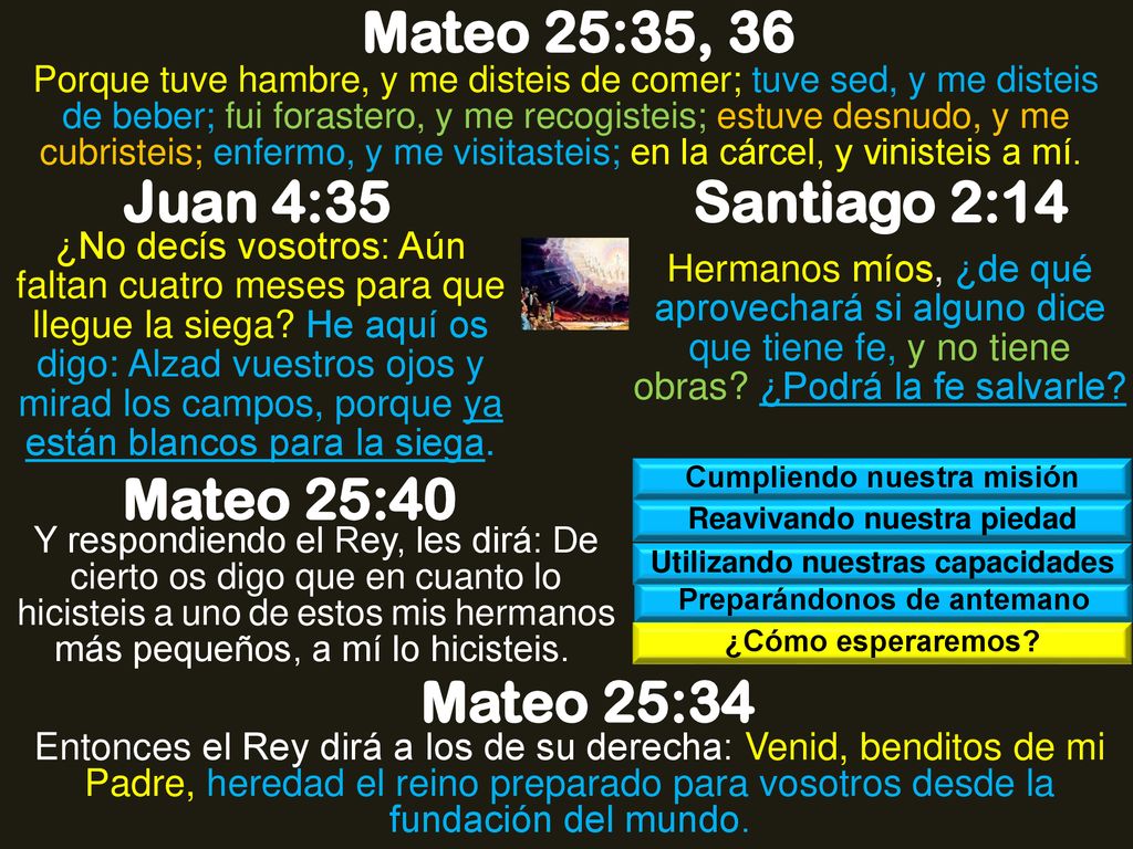 Mateo 25:35, 36 Juan 4:35 Santiago 2:14 Mateo 25:40 Mateo 25:34