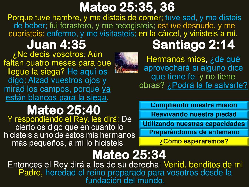 Mateo 25:35, 36 Juan 4:35 Santiago 2:14 Mateo 25:40 Mateo 25:34