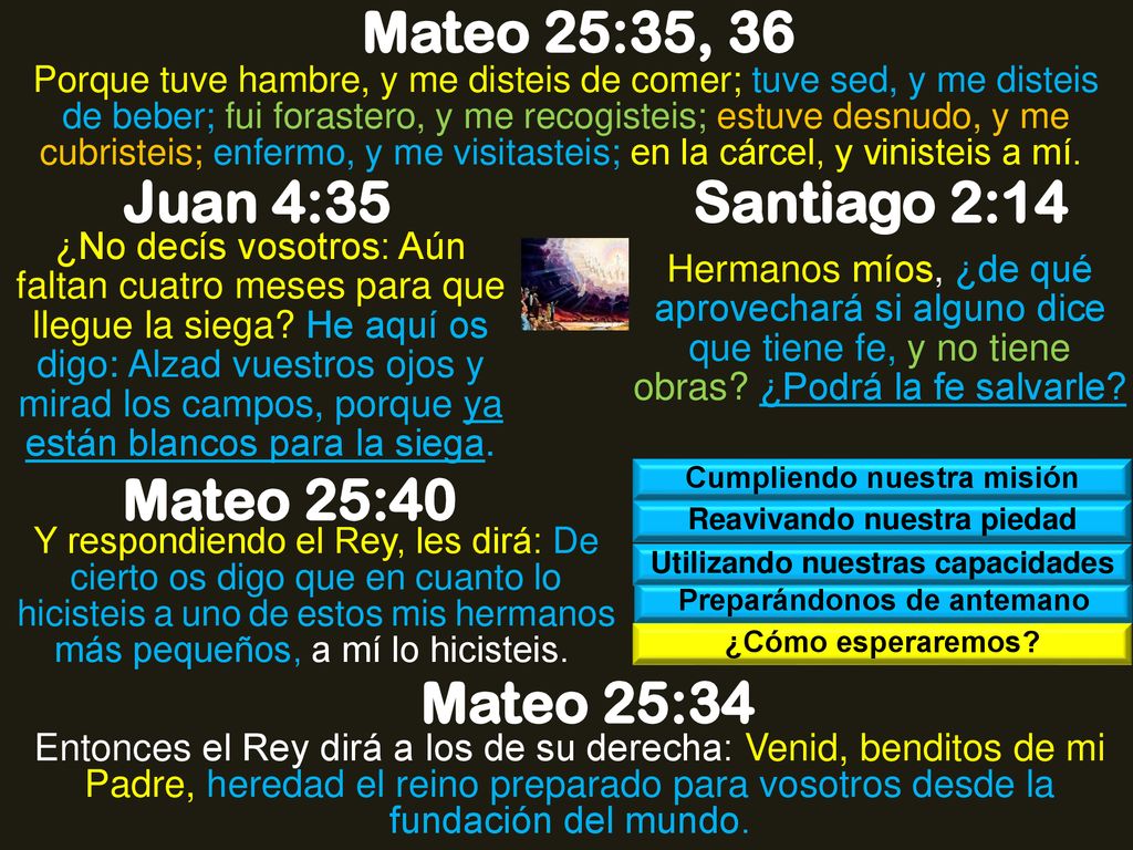 Mateo 25:35, 36 Juan 4:35 Santiago 2:14 Mateo 25:40 Mateo 25:34