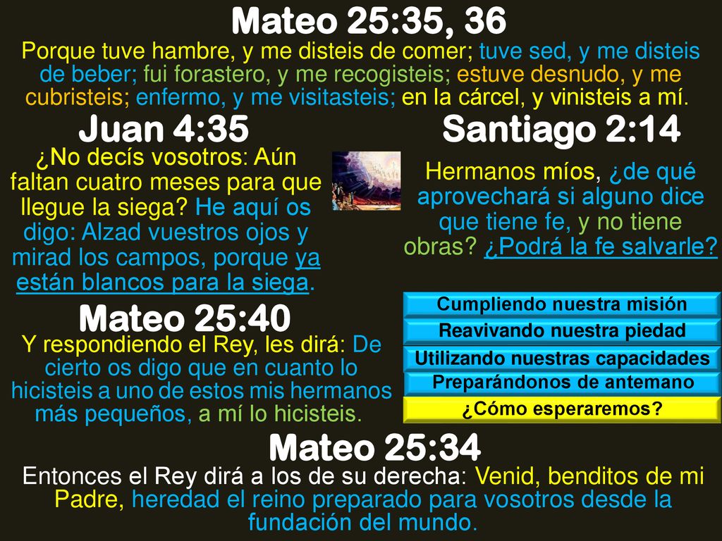 Mateo 25:35, 36 Juan 4:35 Santiago 2:14 Mateo 25:40 Mateo 25:34