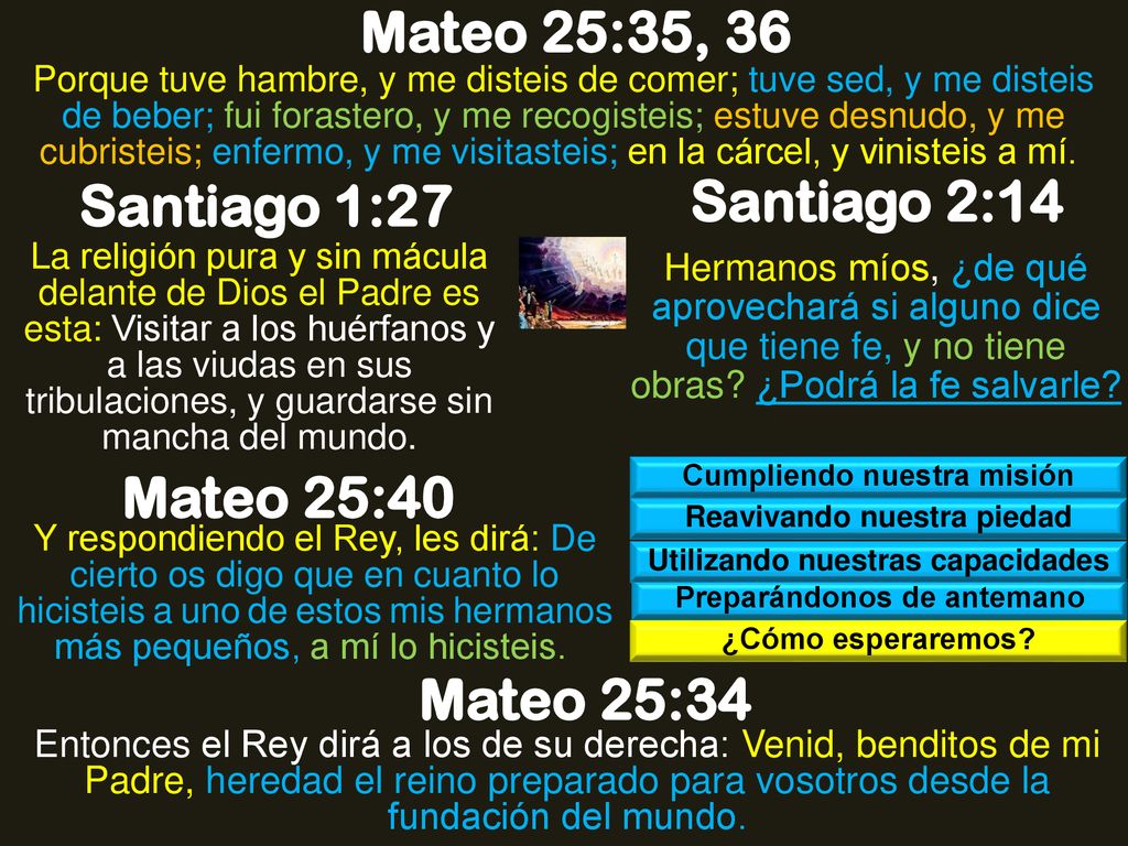 Mateo 25:35, 36 Santiago 1:27 Santiago 2:14 Mateo 25:40 Mateo 25:34