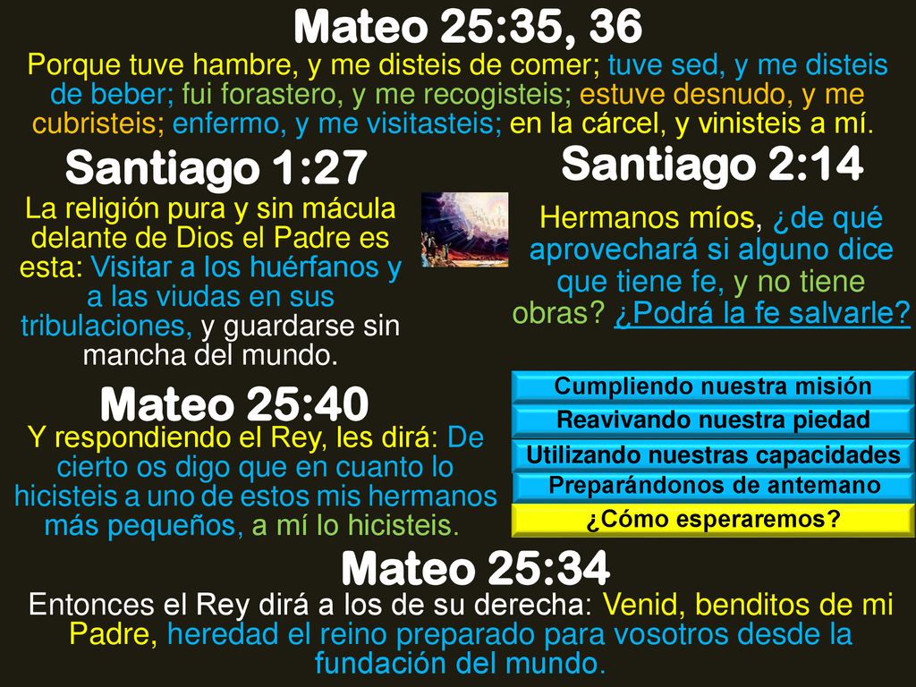 Mateo 25:35, 36 Santiago 1:27 Santiago 2:14 Mateo 25:40 Mateo 25:34