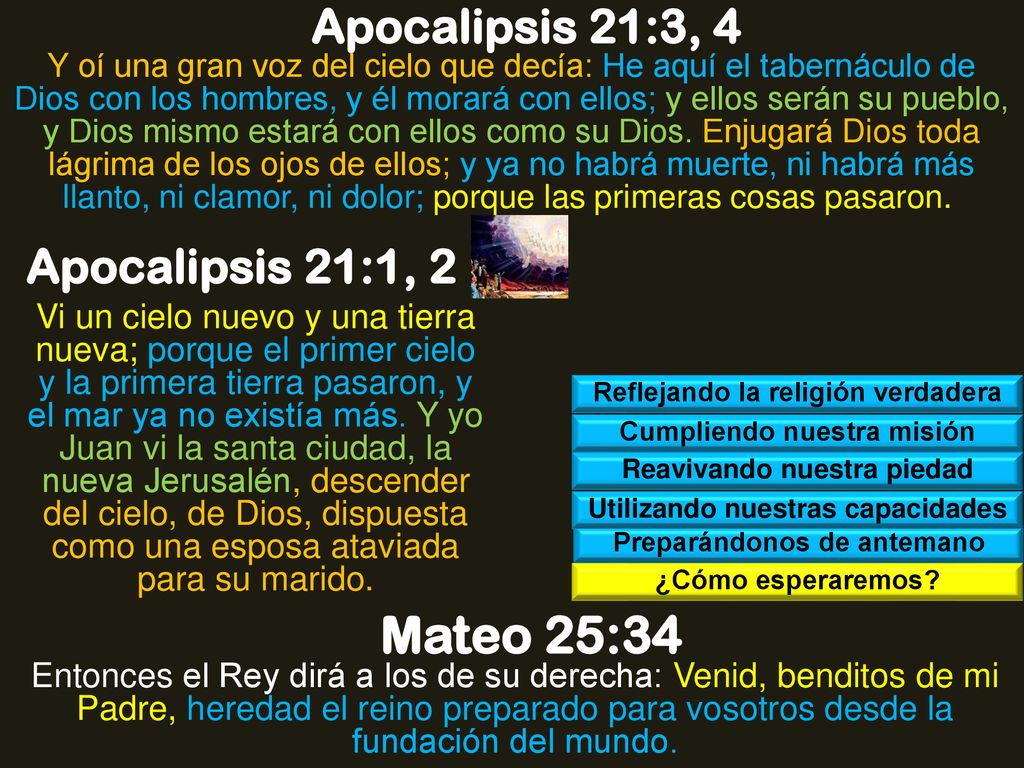 Mateo 25:34 Apocalipsis 21:3, 4 Apocalipsis 21:1, 2