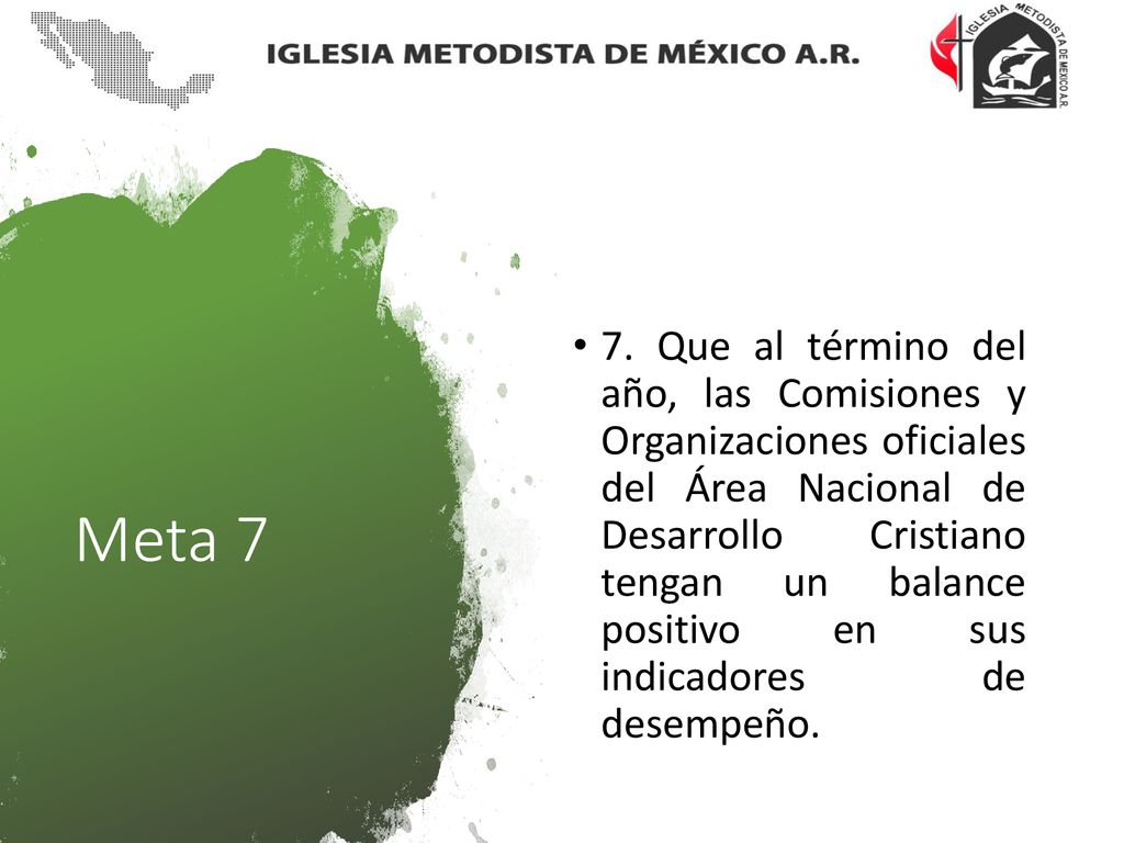 7. Que al término del año, las Comisiones y Organizaciones oficiales del Área Nacional de Desarrollo Cristiano tengan un balance positivo en sus indicadores de desempeño.