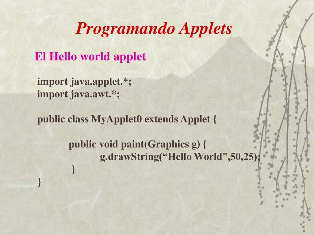 Programando Applets El Hello world applet import java.applet.*;