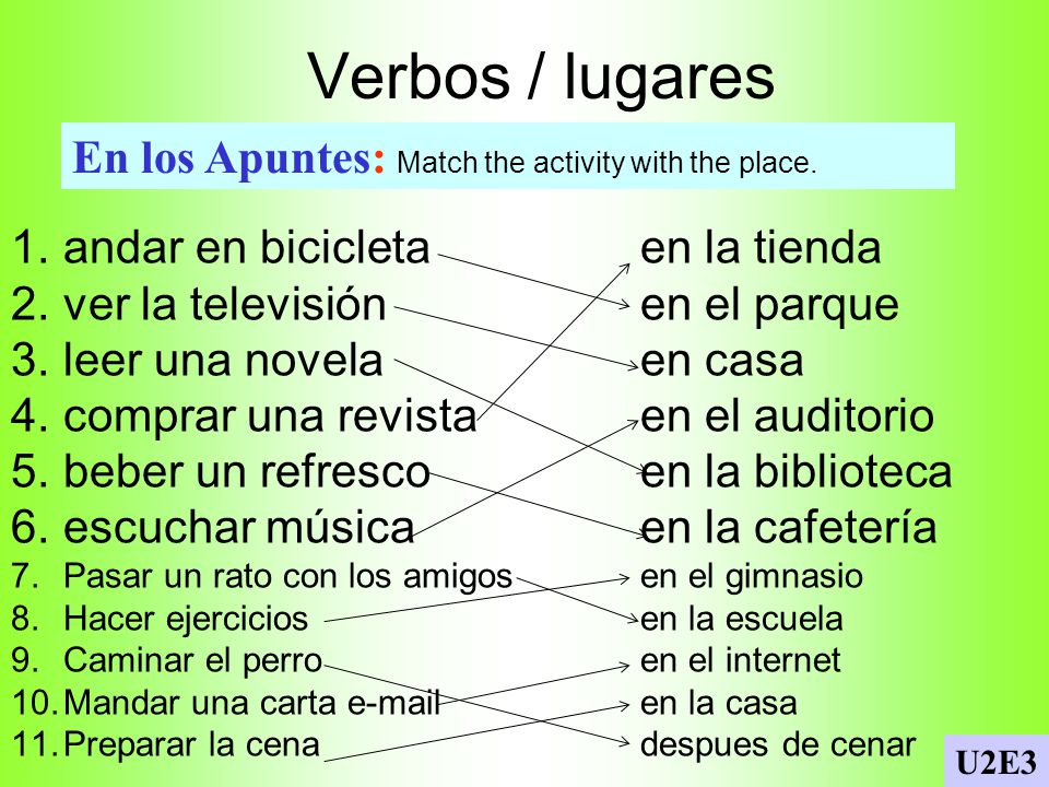 Verbos / lugares En los Apuntes: Match the activity with the place.
