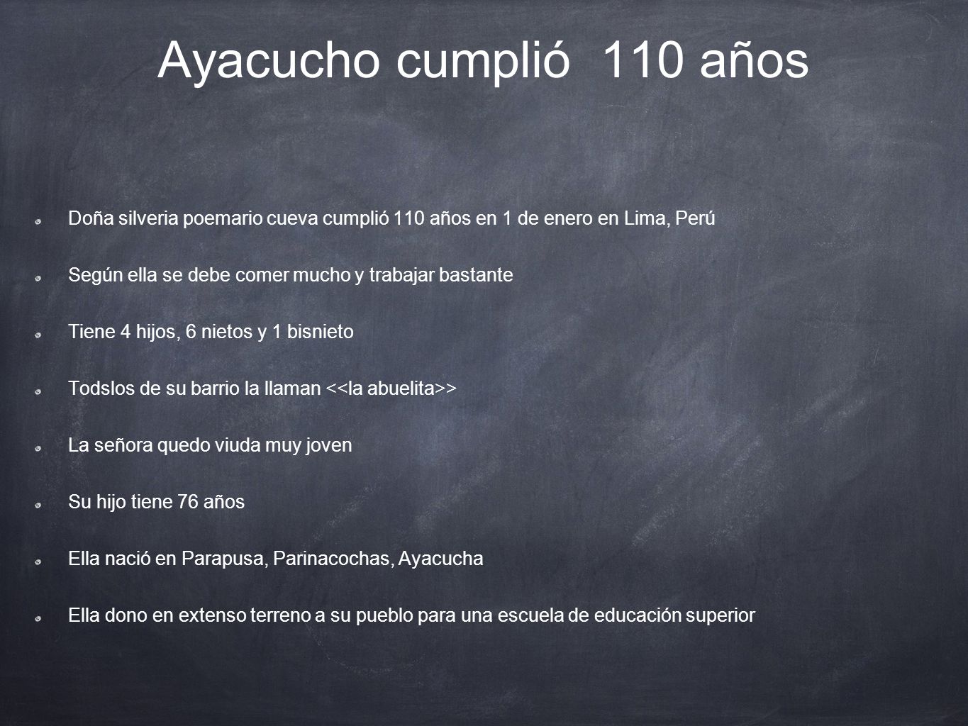 Ayacucho cumplió 110 años Doña silveria poemario cueva cumplió 110 años en 1 de enero en Lima, Perú.
